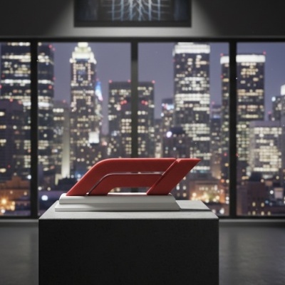 Escultura moderna vermelha com base branca em galeria com vista noturna da cidade