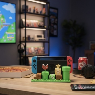 Mesa de madeira com consola Nintendo Switch, figura Super Mario, comida e auscultadores num quarto de jogos com ecrã ao fundo.