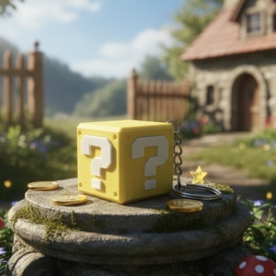 Chaveiro cubo amarelo com pontos de interrogação, moedas e base de pedra ao ar livre