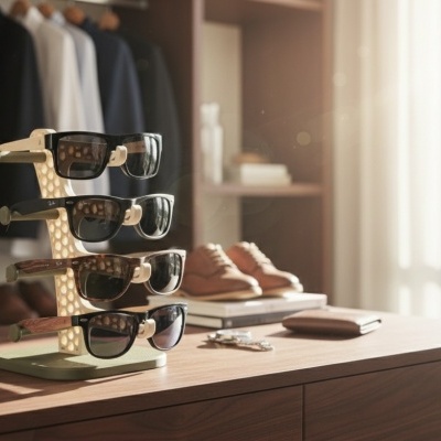 Óculos de sol masculinos em suporte de madeira sobre cómoda com roupas e sapatos no fundo