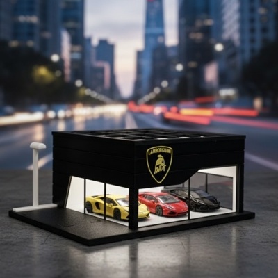 Modelo de loja Lamborghini com carros miniatura amarelo, vermelho e preto