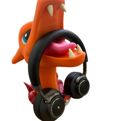 Suporte de auscultadores personagem laranja com auscultadores pretos