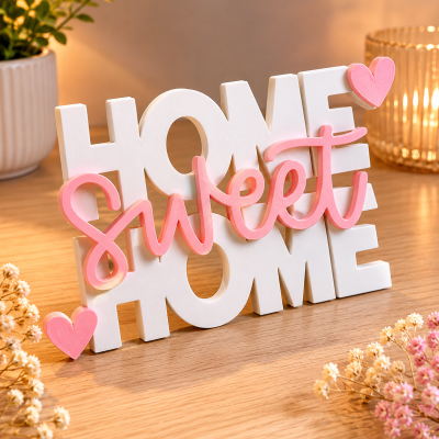 Decoração de mesa em madeira com palavras HOME Sweet HOME em branco e rosa com corações.