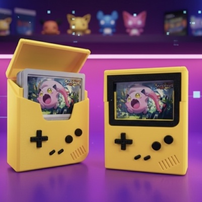 Suportes amarelos para cartas estilo consola clássica com cartas de personagem rosa e amarelo