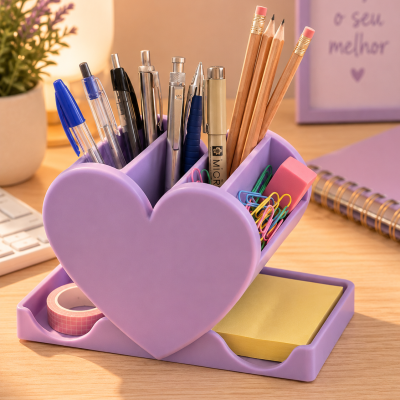 Organizador de secretária lilás em formato de coração com canetas, lápis, clips, fita adesiva, post-its e borracha