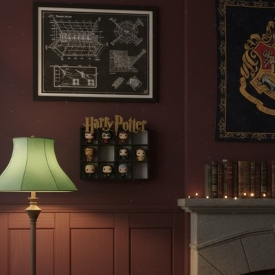 Parede decorada com tema Harry Potter, incluindo figuras colecionáveis, quadro técnico, tapeçaria e lâmpada verde.