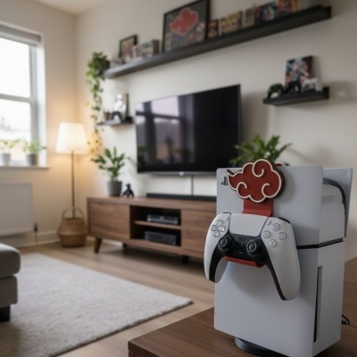 Consola PlayStation 5 branca com comando DualSense em suporte vermelho com padrão de nuvem, móvel de madeira, sala de estar com televisão e plantas.