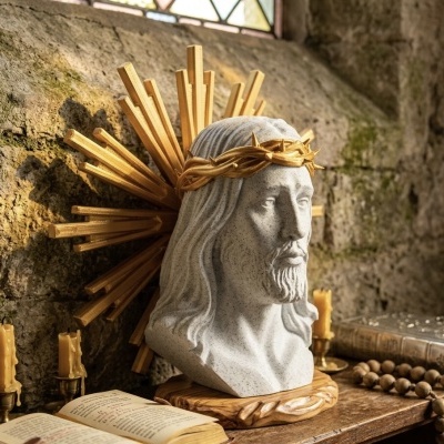 Busto esculpido de Jesus com coroa de espinhos dourada e auréola em fundo de parede de pedra