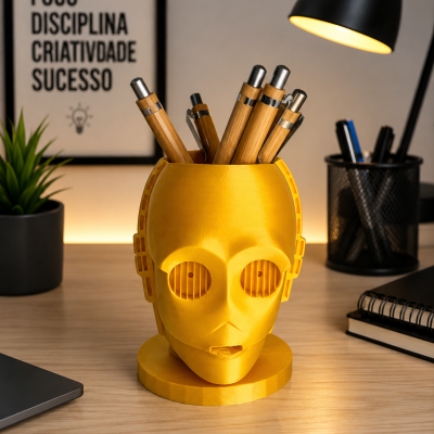 Organizador amarelo em forma de cabeça robótica com canetas, sobre mesa de escritório