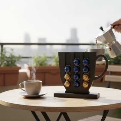 Porta cápsulas de café em forma de chávena preto numa mesa redonda de madeira com chávena a vapor e fundo de varanda