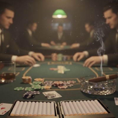 Mesa de poker com fichas, cartas, cigarros, charuto e copo, jogadores ao fundo.