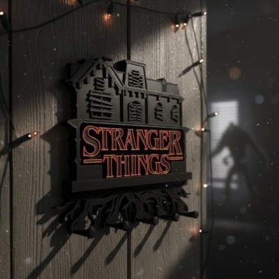 Cabideiro preto de parede com tema Stranger Things e ganchos decorados com raízes