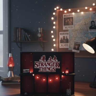 Expositor decorativo Stranger Things com luzes vermelhas e miniaturas numa mesa de madeira