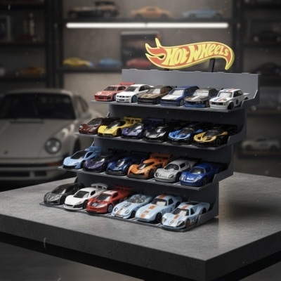 Expositor de Hot Wheels com carros de brinquedo variados em diferentes cores.