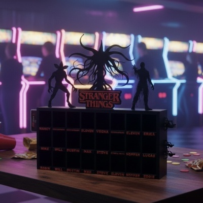 Relógio temático Stranger Things preto com nomes vermelhos e figuras no topo em ambiente com arcades neon