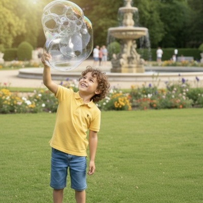 Criança brincando com bolhas de sabão em parque com fonte e flores