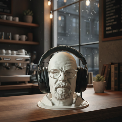 Estatueta branca de uma cabeça com auscultadores num balcão de café