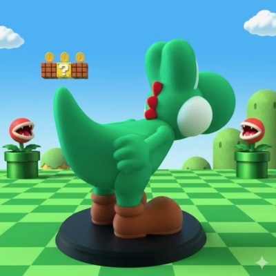 Figura do Yoshi verde de plástico com base preta em cenário de jogo Super Mario