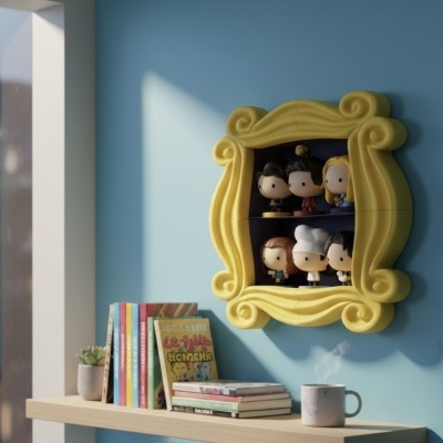 Prateleira com livros, planta, caneca e estante amarela na parede com bonecos colecionáveis