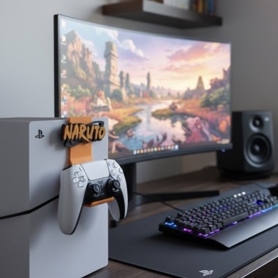 Consola PlayStation 5 com comando e ecrã curvo num setup de gaming