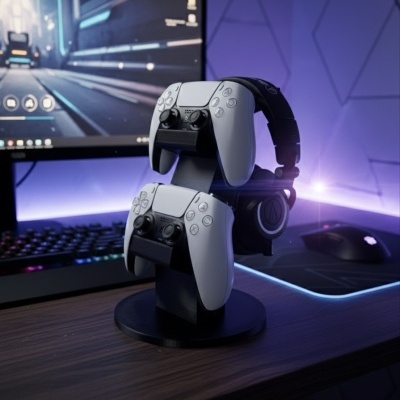 Suporte para comandos e auscultadores numa secretária com monitor e teclado