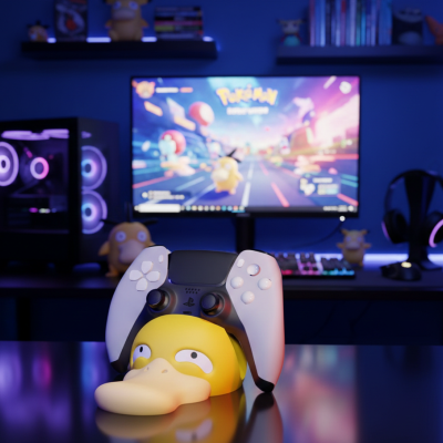 Suporte amarelo Psyduck com comando PS5 frente a um computador com jogo Pokémon no ecrã