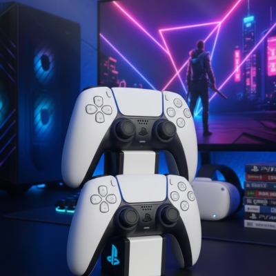 Dois comandos PlayStation 5 empilhados com base iluminada, monitor com cenário futurista, torre de computador iluminada azul