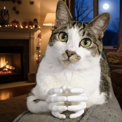 Gato sentado com decoração de mãos esqueléticas em sala confortável com lareira e lua cheia