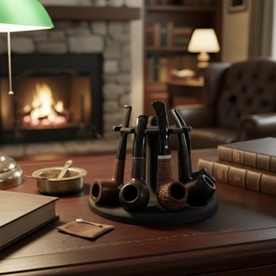 Conjunto de cinco cachimbos de madeira em suporte preto sobre mesa com livros e lareira ao fundo