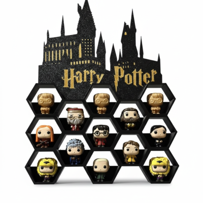 Expositor preto com figuras Funko Pop de Harry Potter e castelo de Hogwarts com texto Harry Potter em dourado