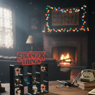 Jogo de tabuleiro Stranger Things com peças em miniatura numa mesa de madeira com telefone antigo e lareira ao fundo.