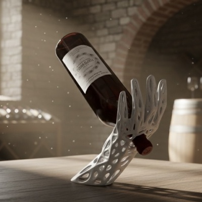 Suporte mão branca a segurar uma garrafa de vinho castanha