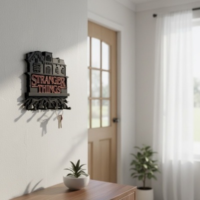 Mural porta-chaves Stranger Things em madeira preta com texto vermelho pendurado na parede