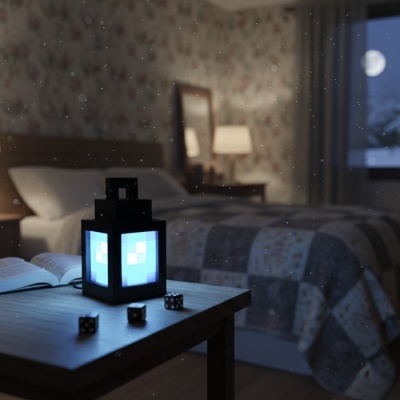 Lanterna quadrada preta com luz azul sobre mesa de madeira em quarto com cama e abajur