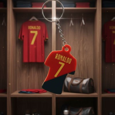 Chaveiro de camisola de futebol de Ronaldo número 7 vermelha com detalhes a amarelo