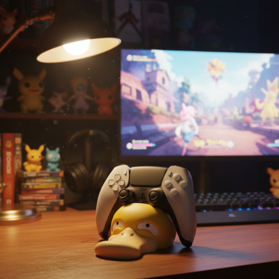 Comando de videojogo branco e preto sobre figura Psyduck amarela numa secretária de madeira com candeeiro e ecrã de videojogo