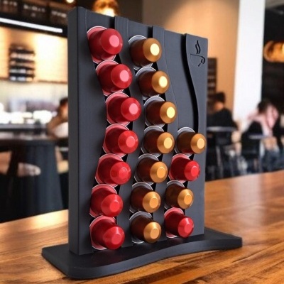 Suporte preto para cápsulas de café com cápsulas vermelhas e castanhas