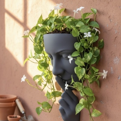 Vaso de parede cinza escuro em forma de rosto com planta verde e flores brancas