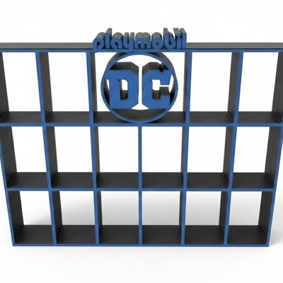 Estante modular preta com logo azul playmobil DC