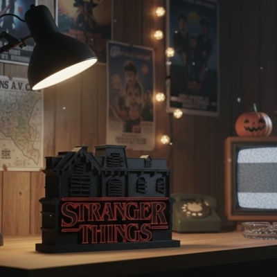 Luminária Stranger Things em forma de casa numa secretária com candeeiro, telefone retro e televisão antiga