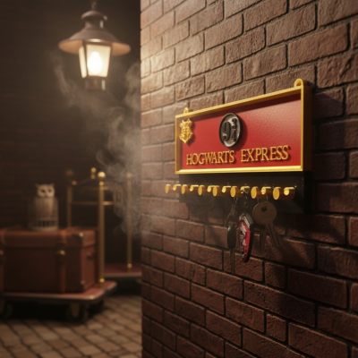 Suporte de parede para chaves Hogwarts Express 9 3/4 em madeira com moldura amarela