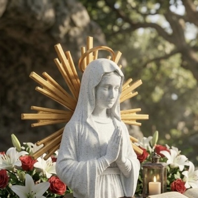 Estátua branca de Nossa Senhora com halo dourado e flores ao redor