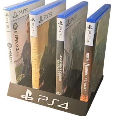 Suporte preto para jogos PS4 com quatro caixas de videojogos PS5