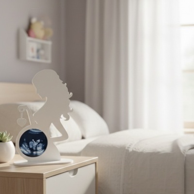 Porta-foto branco em forma de mulher grávida com ecografia azul no quarto