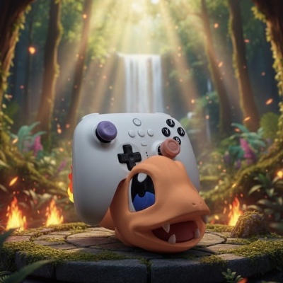 Suporte para comando de videojogo em forma de cabeça de personagem laranja com olhos azuis e dentes, com comando branco em floresta