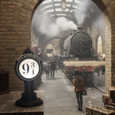 Placa de plataforma 9 3/4 preta e branca sobre mesa de madeira em estação com parede de tijolos e malas no chão