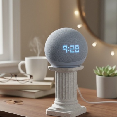 Relógio digital esférico cinzento com base coluna branca numa mesa de madeira