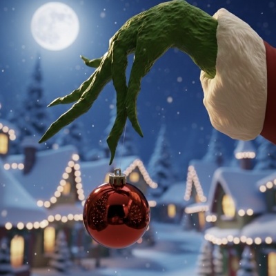 Mão verde com ornamento natalício vermelho sobre vila de Natal iluminada à noite