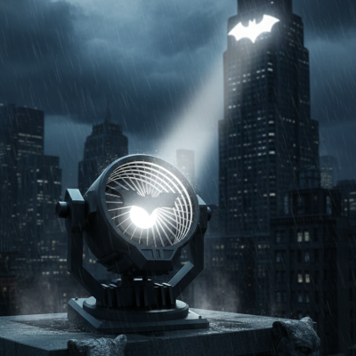 Holofote com símbolo de morcego ilumina prédio alto numa cidade chuvosa à noite