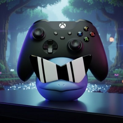 Comando Xbox preto com botões coloridos sobre cabeça azul com óculos em fundo de floresta pixelizada
